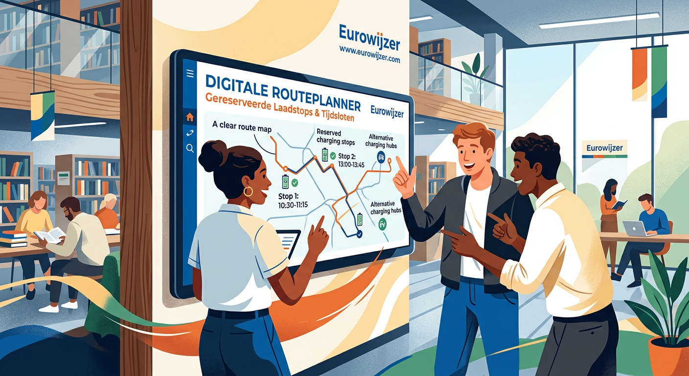 Een digitaal routeplanningsscherm met gereserveerde laadstops, tijdsloten en alternatieve hubs, zonder vrachtwagen of havenbeeld.