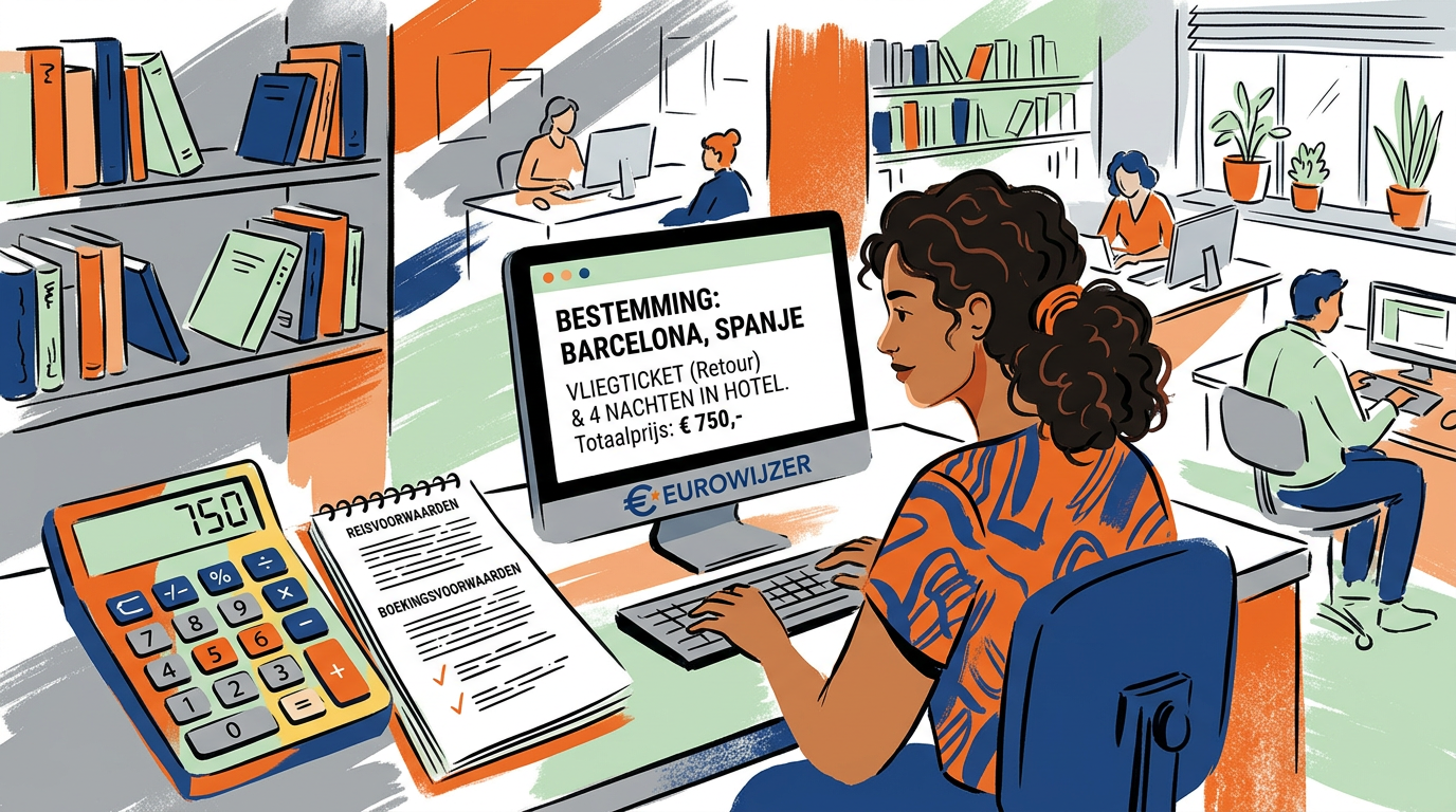 Backoffice van een reisbureau met een offerte op een computerscherm, een calculator en reisvoorwaarden op papier