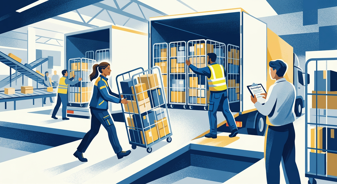 Een distributiecentrum waar rolcontainers efficiënt in een trailer worden geladen, met nadruk op beladingsgraad en procesorganisatie.