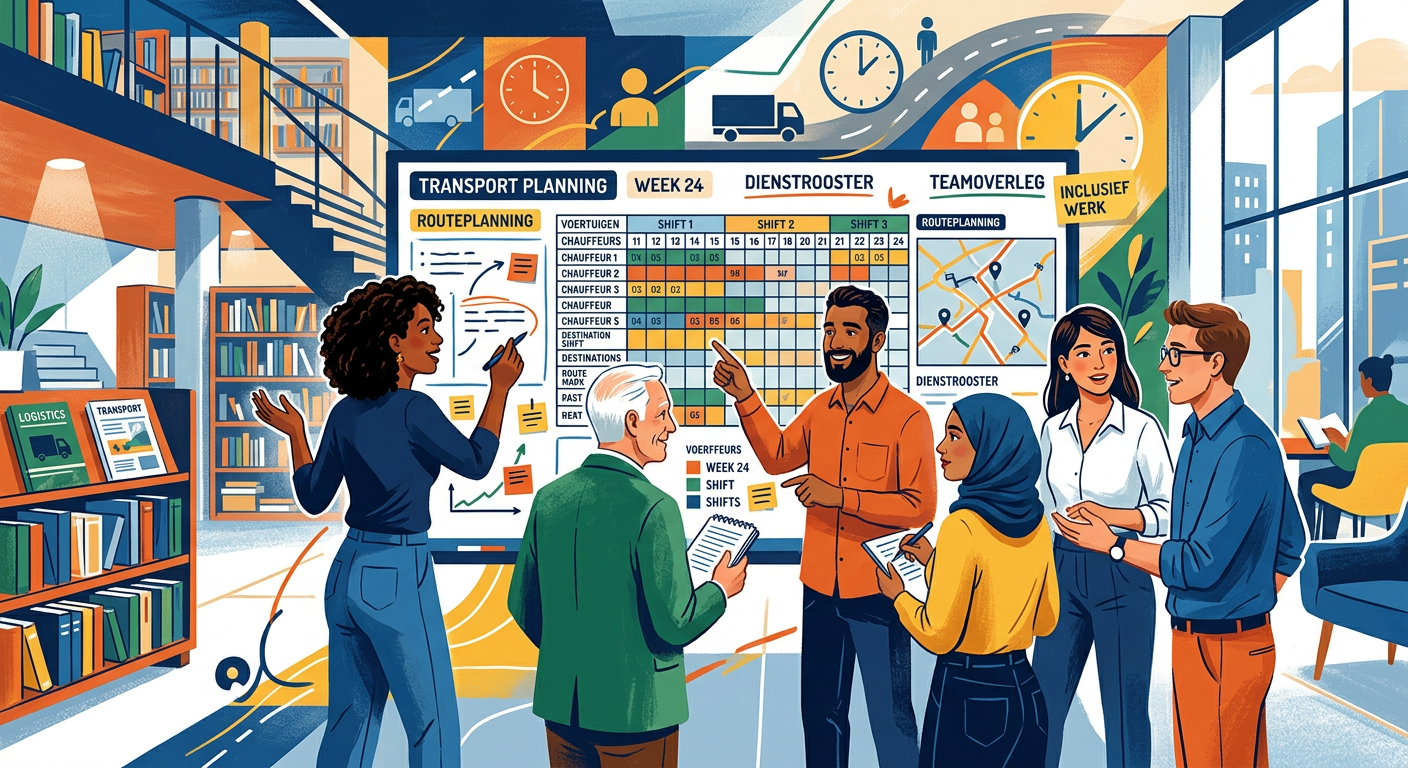 Teamoverleg in een transportplanningruimte met diverse medewerkers rond een roosterbord; focus op inclusieve werkorganisatie.
