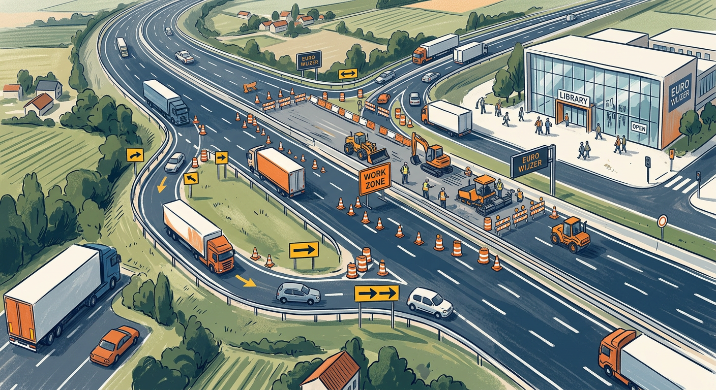 Luchtfoto van een snelweg met wegwerkzaamheden, afgezette rijstroken en vrachtwagens die langs een tijdelijke omleiding rijden