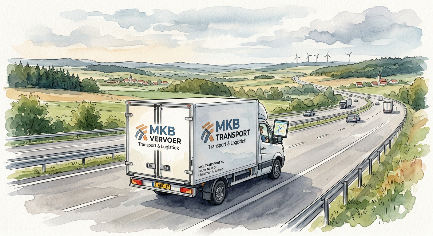 Kleine vrachtwagen van een mkb-vervoerder op de snelweg, met ritadministratie op tablet in cabine