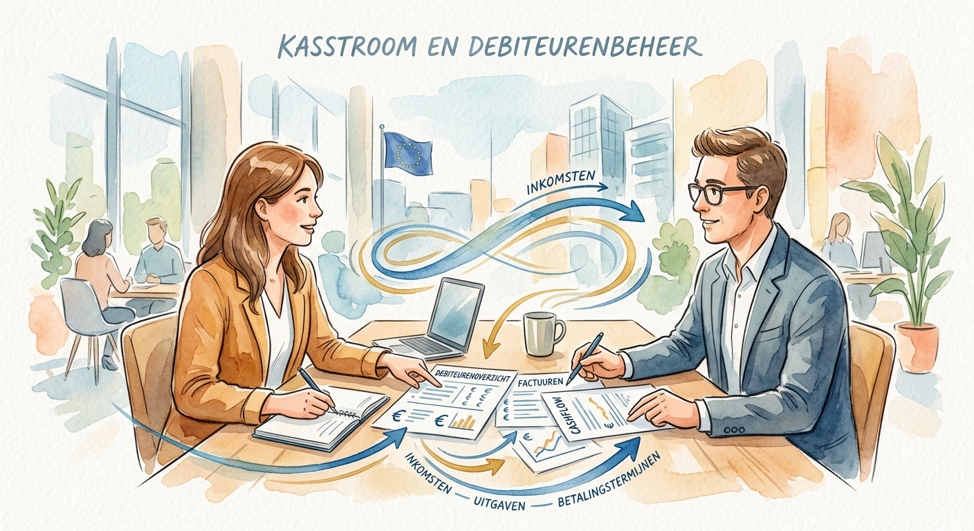 Zakelijke ondernemer die een debiteurenoverzicht en facturen bespreekt met een financier; nadruk op kasstroom in plaats van op abstract juridisch beeld.