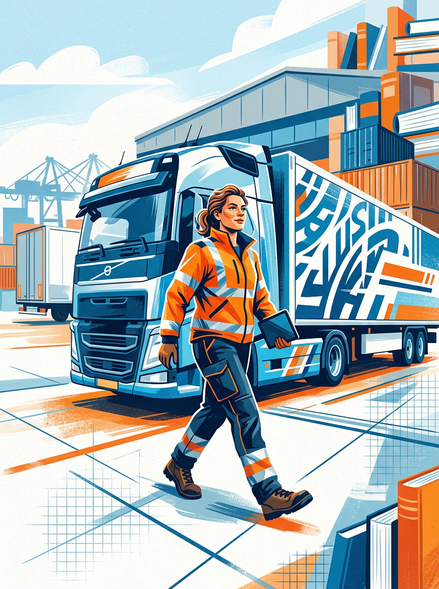 Een vrouwelijke chauffeur loopt zelfverzekerd langs een moderne trekker-oplegger op een logistiek terrein; nadruk op vakmanschap en zichtbaarheid.