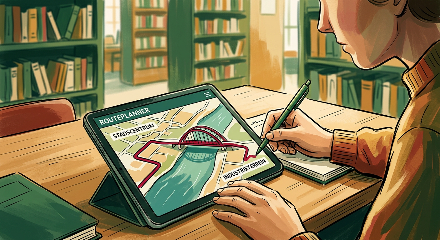 Close-up van een digitale routeplanner op een bureau met een rood gemarkeerde brug of tunnel en een planner die aantekeningen maakt