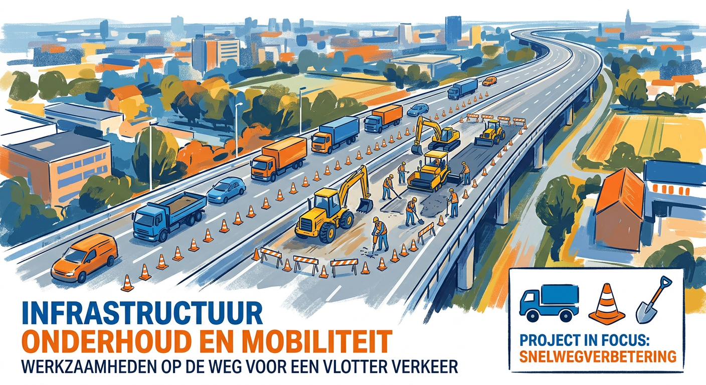 Luchtbeeld van snelwegonderhoud met afzettingen, bouwmaterieel en vrachtverkeer dat langs de werkzaamheden rijdt
