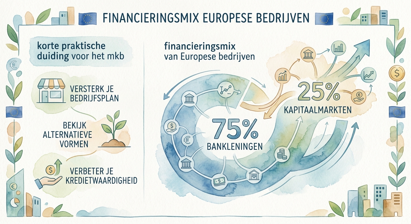 Grafiek financieringsmix van Europese bedrijven: bankleningen 75% tegenover kapitaalmarkten 25%, aangevuld met een korte praktische duiding voor het mkb.