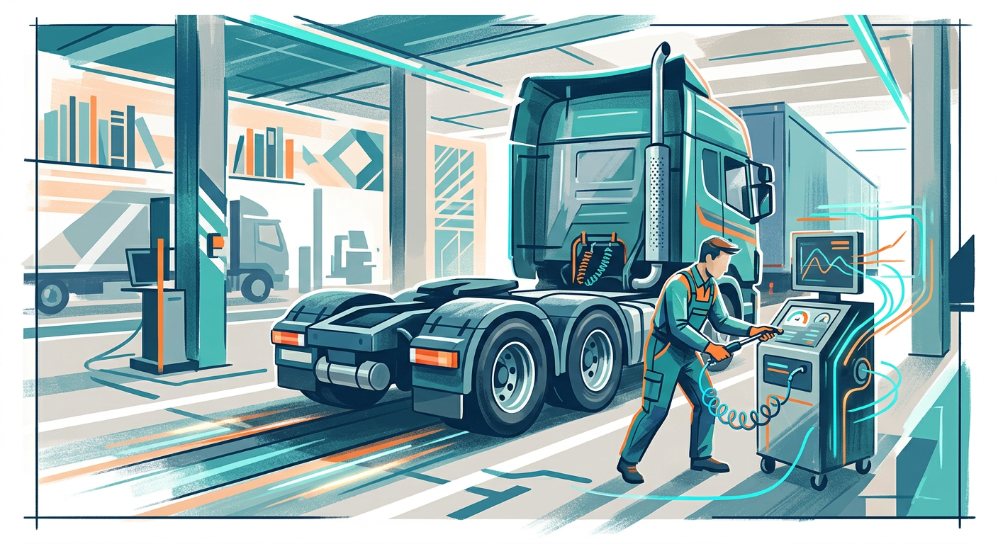 Zware vrachtwagen in een technische keuringshal met meetapparatuur bij de uitlaat en monteur naast het voertuig
