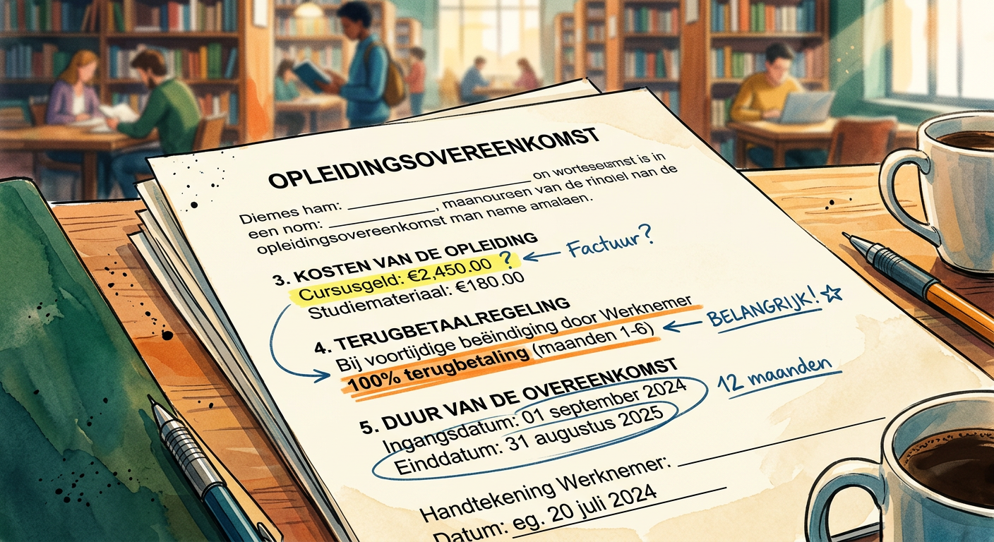 Close-up van een opleidingsovereenkomst op een bureau met markeringen bij kosten, terugbetaling en looptijd; geen personen herkenbaar.