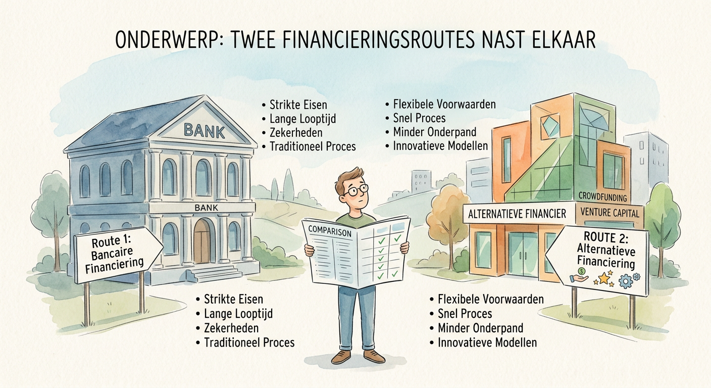 Twee financieringsroutes naast elkaar: bankgebouw en alternatieve financier, met een ondernemer die voorwaarden op een overzicht vergelijkt.