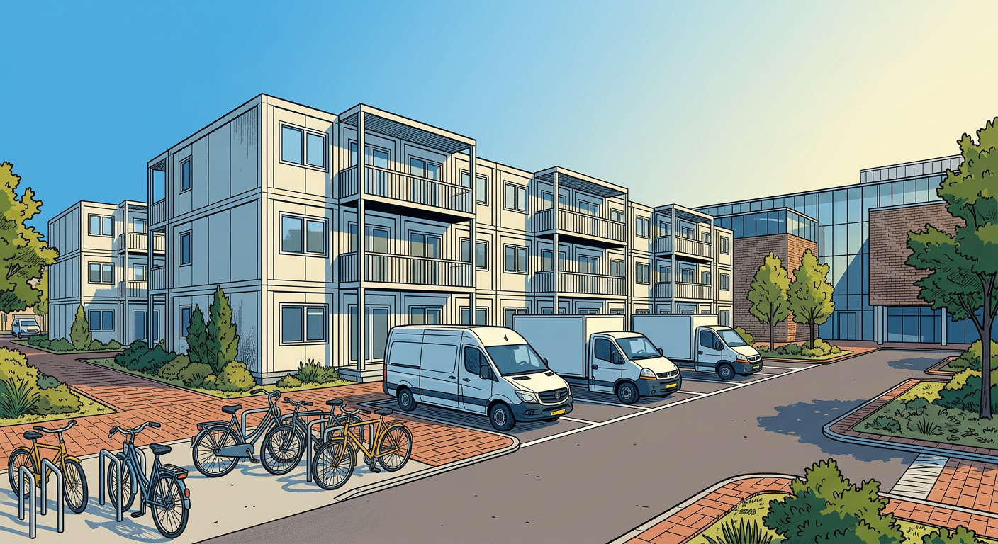 Exterieur van nette tijdelijke huisvesting voor arbeidsmigranten met fietsen en geparkeerde bestelbusjes, zonder mensen prominent in beeld.