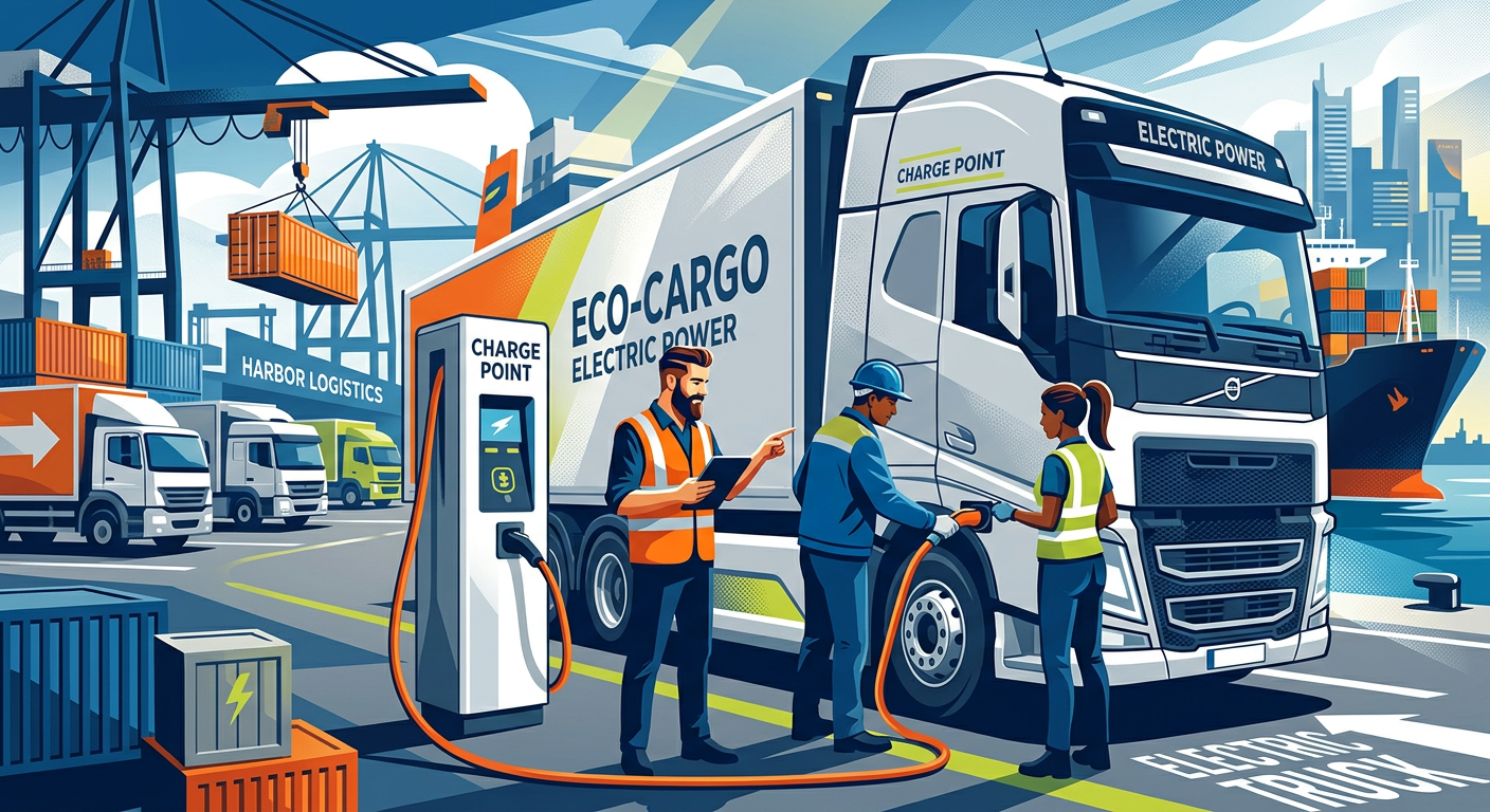 Een zware elektrische vrachtwagen aan een snellaadpunt in een havenomgeving, met kade-infrastructuur en stedelijke logistiek op de achtergrond.