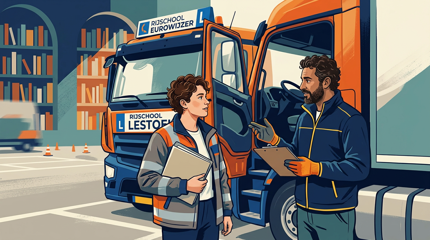 Een vrachtwagen met lesbord op een oefenterrein, met instructeur en kandidaat-chauffeur naast de cabine; zakelijke, neutrale sfeer.