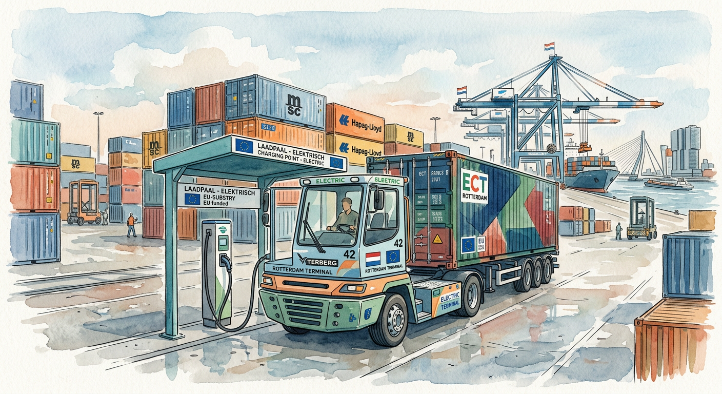 Elektrische trekker met container op een Rotterdamse terminal, zichtbaar aan de laadpaal tussen ritten