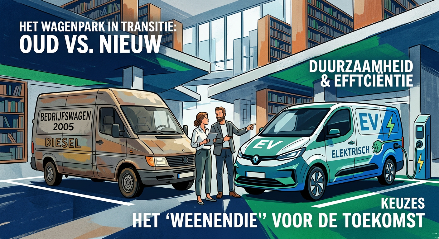 Bedrijfsparkeerplaats met een oudere bestelbus naast een moderne elektrische bestelwagen, gefotografeerd als vergelijking van wagenparkkeuzes
