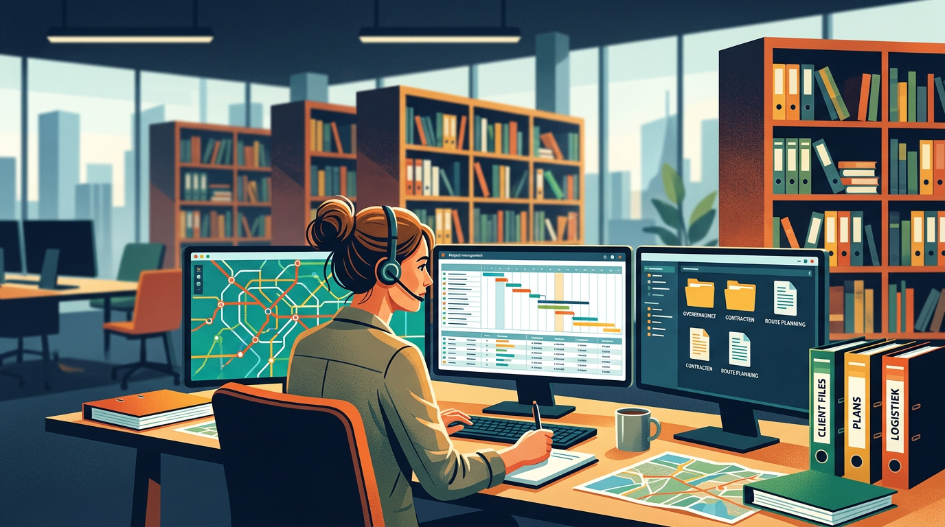 Logistiek planner aan een bureau met routekaarten, planningssoftware en contractmappen op meerdere schermen