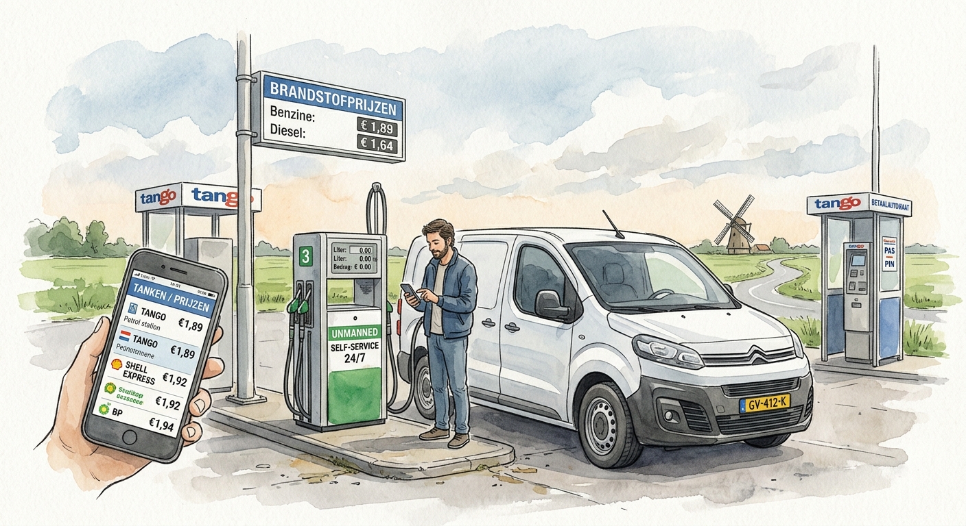 Bestelbus bij een onbemand tankstation, met ondernemer die brandstofprijzen op mobiel vergelijkt
