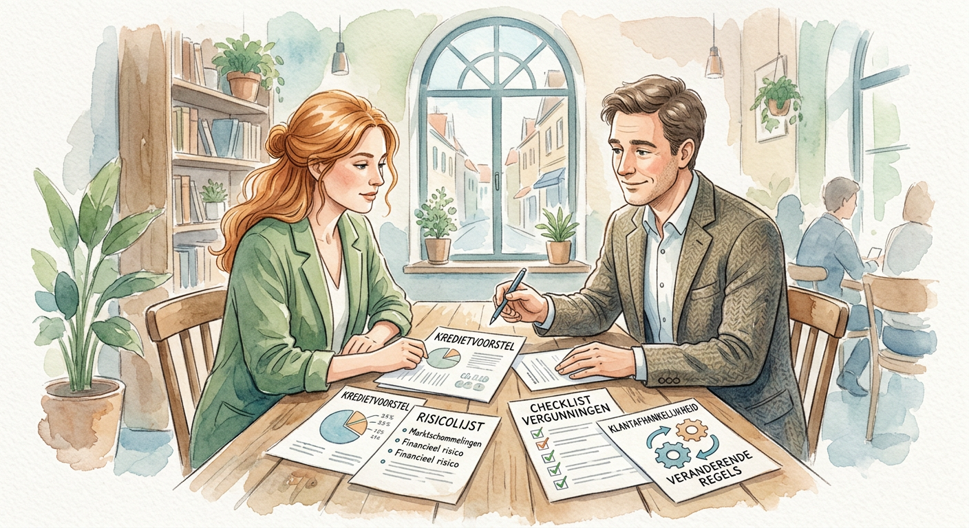 Ondernemer en bankadviseur aan tafel met kredietvoorstel, risicolijst en checklist voor vergunningen, klantafhankelijkheid en veranderende regels.