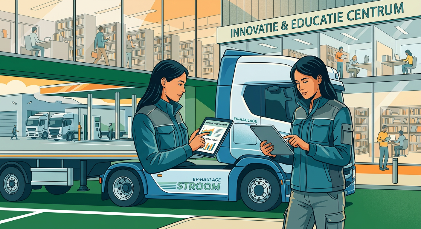 Een elektrische trekker bij een bedrijfsterrein, met een wagenparkbeheerder die naast het voertuig naar een tablet met vervangingsplanning kijkt.