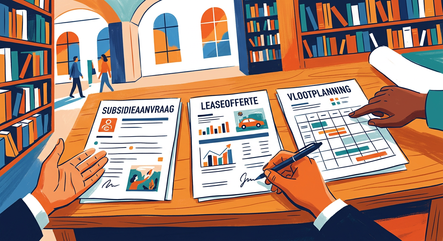 Close-up van een bureau met subsidieaanvraag, leaseofferte en vlootplanning naast elkaar, zonder voertuig in beeld.