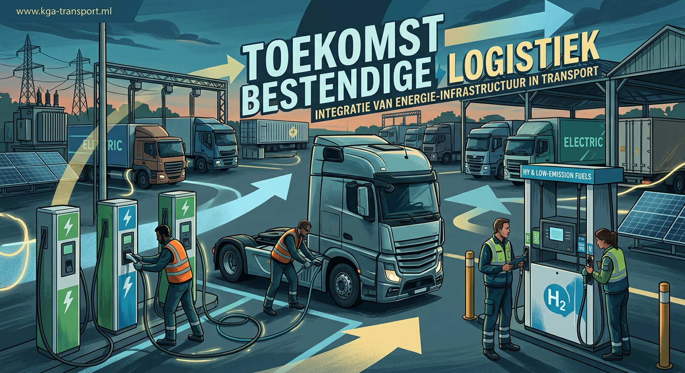 Transportdepot met elektrische laadpunten, tankvoorziening en vrachtwagens bij schemering, met nadruk op energie-infrastructuur