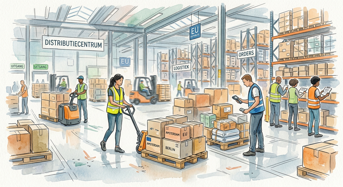 Distributiecentrum met uitzendkrachten die pallets verzamelen en orders verwerken.